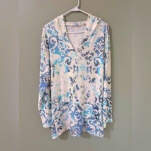 Soft Surroundings Women XL Aqua Swirl Hooded Roll Tab Pullover Top USA MADE